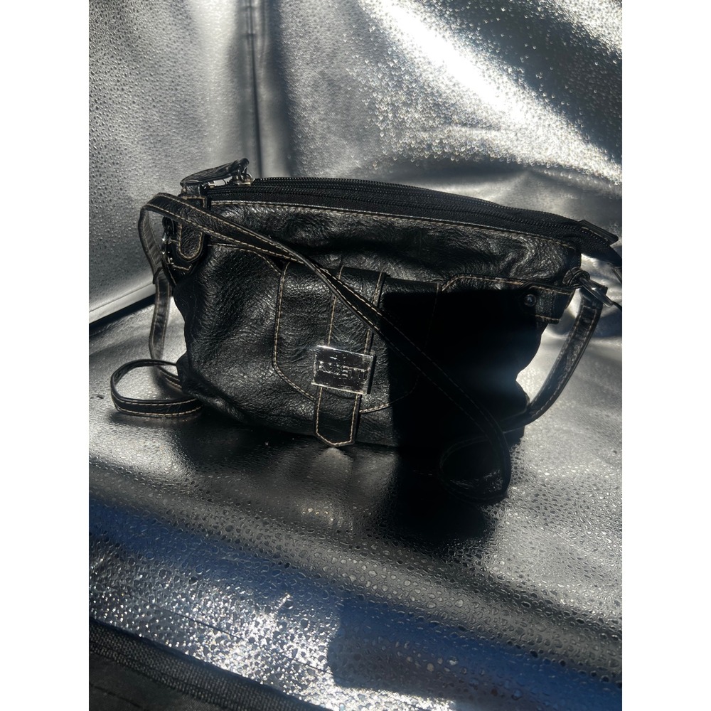 Rosetti Black Pebbled Faux Leather Crossbody Bag Silver Hardware Multi-Pocket